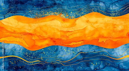 An abstract painting of blue and orange marble background, in the style of fluid and flowing lines, dark blue and light orange