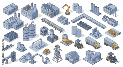 Isometric industrial factory and warehouse building icons for construction and manufacturing process