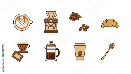 Premium Coffee Culture Icons Set with Latte Art Espresso Machine Coffee Beans Croissant French Press Paper Cup and Spoon Vector Elements