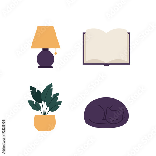 Cozy Home Interior Elements Set Featuring Table Lamp Open Book Potted Plant and Sleeping Cat in Flat Style for Relaxing Atmosphere Design