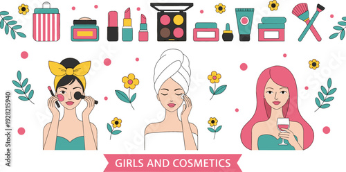 Girls and Cosmetics Beauty Concept Vector Illustration with Makeup Products, Skincare Routine and Female Characters Isolated on White Background