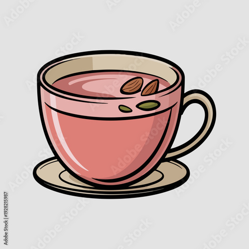 Pakistani Kashmiri Pink Tea Vector Illustration of Traditional Noon Chai with Nuts in Cup