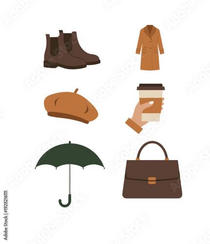 Autumn fashion accessories set including chelsea boots, trench coat, beret hat, coffee cup, umbrella, and leather handbag for seasonal lifestyle