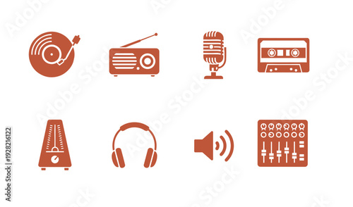 Vintage music and audio equipment icons set with vinyl record, radio, microphone, cassette, metronome, headphones, speaker, and mixer console