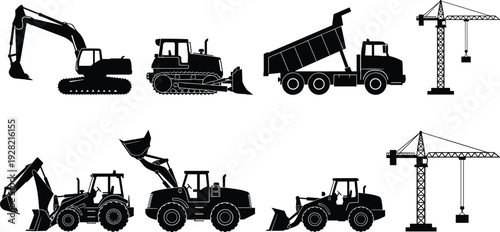 Heavy construction equipment silhouette collection excavator bulldozer dump truck crane loader machinery isolated vector set for industrial engineering projects