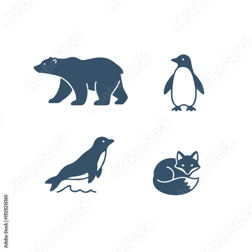Arctic and Antarctic Wildlife Animal Silhouette Icons Including Polar Bear Penguin Seal and Fox for Nature Conservation and Cold Climate Concept Art