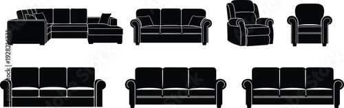 Sofa and armchair silhouette collection modern living room furniture set couch seating isolated vector illustration for interior design projects