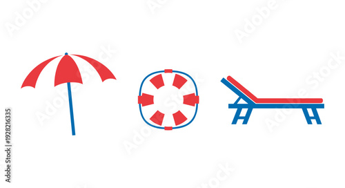 Set of Summer Beach Vacation Icons Featuring Red and Blue Sun Umbrella Lifebuoy and Lounge Chair Isolated on White Background for Tourism Design