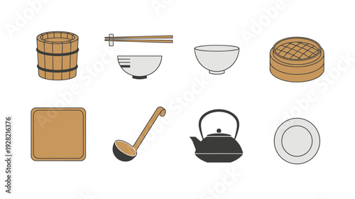 Traditional Japanese Kitchenware and Tableware Icon Collection with Wooden Bucket Bowls Steam Basket Teapot and Ladle for Oriental Cuisine Design