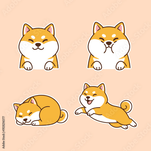 Adorable Shiba Inu Dog Sticker Collection Featuring Different Poses Like Sleeping Running and Eating for Pet Lovers and Digital Design Projects