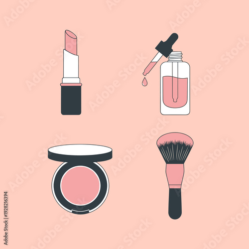 Professional Cosmetic and Makeup Product Icons Set Including Lipstick Serum Bottle Face Powder and Beauty Brush for Skincare and Fashion Design