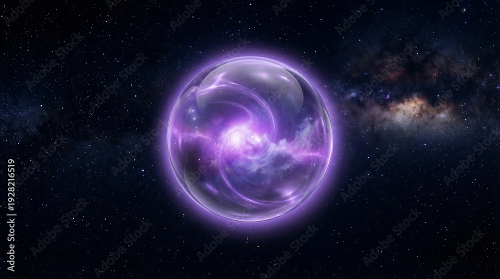 Obraz premium Vibrant purple nebula enclosed in a transparent glowing sphere in deep space