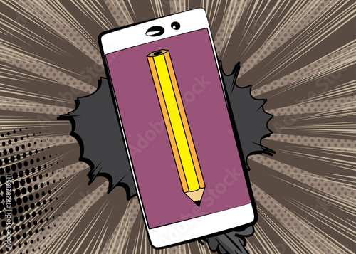 Cartoon Smartphone, comic book Telephone with Pencil. Retro vector comics pop art design.
