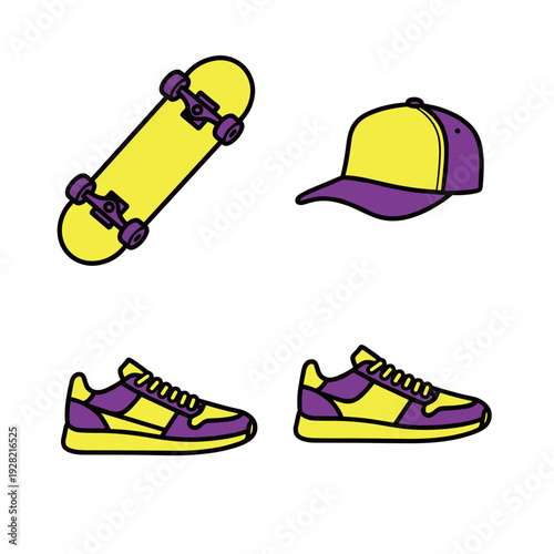 Modern urban youth lifestyle gear set featuring yellow and purple skateboard baseball cap and sneakers isolated on white background for design