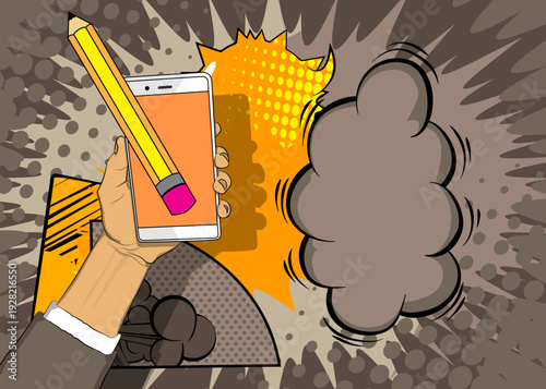 Cartoon Smartphone, comic book Telephone with Pencil. Retro vector comics pop art design.