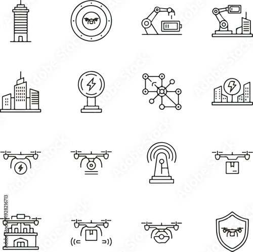 Smart City Infrastructure and Autonomous Drone Technology Icon Set. Vector line illustrations of delivery drones, robotic automation, renewable energy grids, urban surveillance, 
