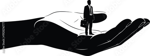 Businessman standing on giant helping hand symbolizing support, protection, mentorship and corporate success vector illustration