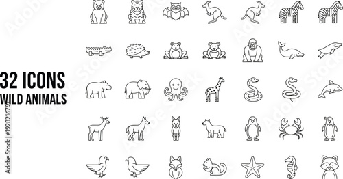 Minimalist Wild Animal Icon Set – 32 Stylized Black and White Line Illustrations Featuring Diverse Wildlife Creatures in Grid Arrangement