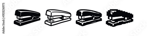Stapler icon set in various styles, including solid, outline, textured, and pixel art, for office and stationery designs.