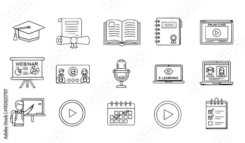 A collection of educational icons for online learning and e-learning platforms