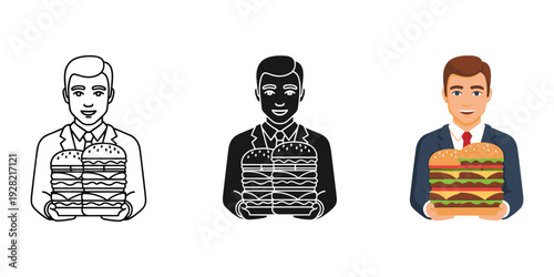 Men holding stacks of burgers in different styles and colors