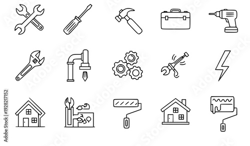 A set of line art icons depicting various tools and household items