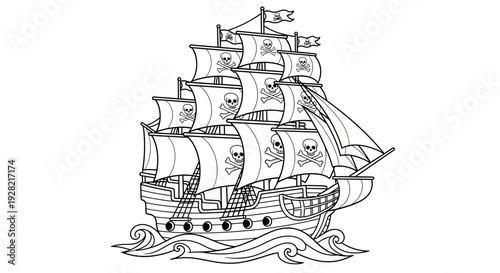 Vintage Pirate Ship With Jolly Roger Flags Sailing on Stormy Seas