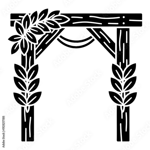 Wooden wedding arch decorated with leaves and flowers for ceremony black silhouette icon