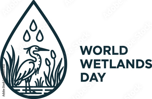 World wetlands day logo featuring a silhouette of a bird in a teardrop shaped wetland