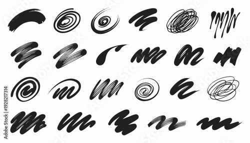 Hand-Drawn Black Ink Brush Strokes: Artistic Paint Smear and Line Set