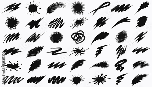 Abstract Black Paint Brush Strokes: Grunge Ink Smudges and Borders Set