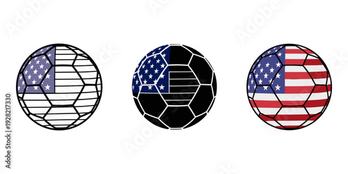 Three soccer balls with american flag patterns on white background