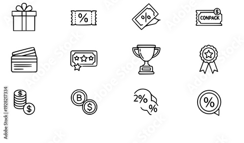 A set of black and white line art icons representing rewards and discounts