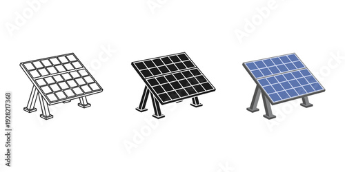 Three solar panels with different finishes on metal stands against white background