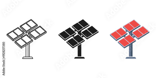 Three solar panel icons in different colors on white background