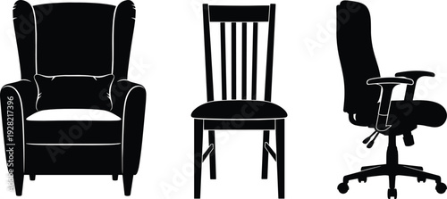 Chair silhouettes collection featuring armchair, wooden dining chair and modern office swivel seat isolated vector illustration