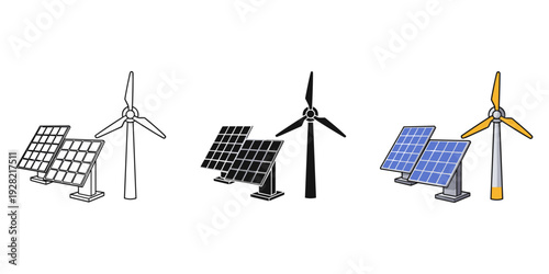Renewable energy icons solar panels wind turbines illustration