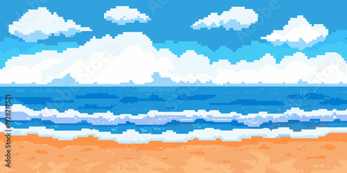 Pixelated beach scene with blue water white clouds and sandy shore