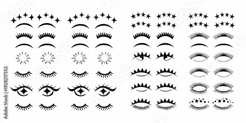 Collection of diverse black eyelash designs and sparkling star motifs