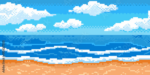 Pixelated seascape depicting a beach ocean and cloudy blue sky