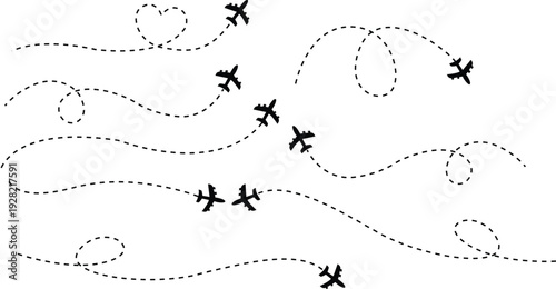 Airplane Route and Flight Path Icon Set. Travel Logistics and Destination Tracking Symbols. Airplane with dotted line route.