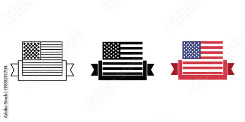 Three stylized american flags with ribbons in different color schemes on white background