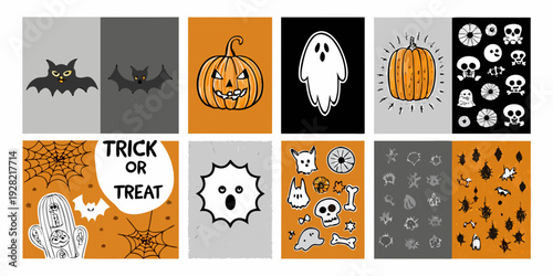 A collection of halloween themed illustrated tiles and patterns