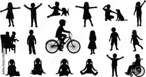 Children silhouettes collection with kids playing, sitting, cycling and interacting in various everyday poses isolated vector illustration