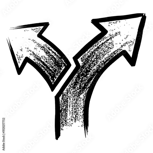 Two arrows splitting in opposite directions with grunge brush stroke texture representing choice and decision