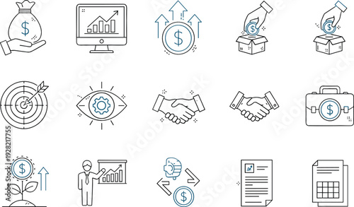 Business Finance Line Icons Set Vector Illustration Featuring Investment Growth, Money Management, Partnership, Target Strategy and Financial Analytics Symbols