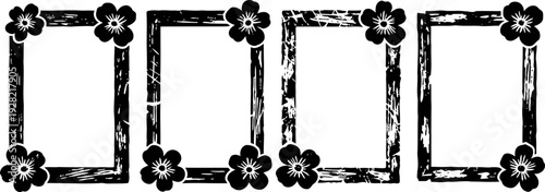 Black floral grunge frames set vintage rustic decorative borders with flowers hand drawn design elements