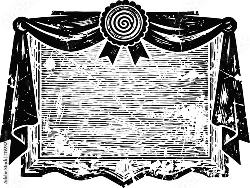 Vintage ornamental frame with ribbon and medallion design in black and white grunge