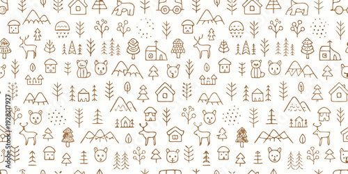Intricate pattern of hand drawn houses plants and abstract shapes