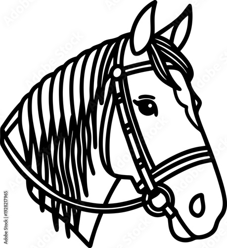 Black and white horse head outline with bridle and detailed mane illustration